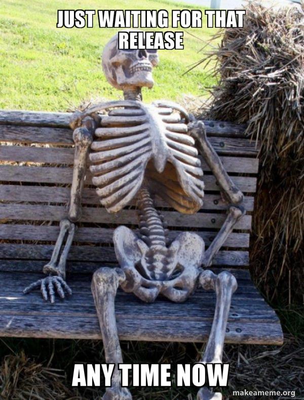 A skeleton sitting on a bench. The caption above: 'Just waiting for that release'. The caption below: 'anytime soon'